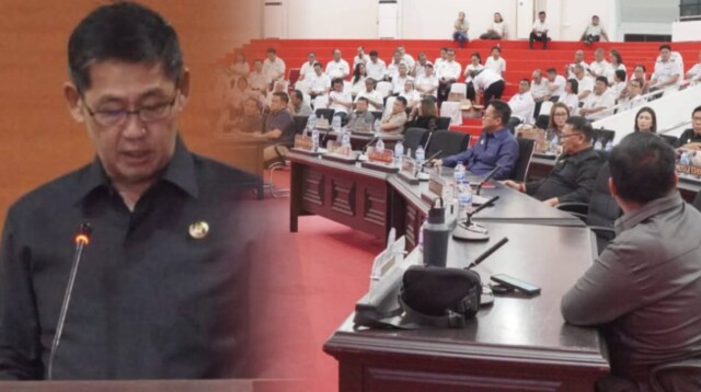 Wali Kota Bitung, Hengky Honandar, SE, menyampaikan Pendapat Akhir dalam Rapat Paripurna DPRD Kota Bitung terkait Pembicaraan Tingkat II atas Rancangan Peraturan Daerah (Ranperda) tentang Anggaran Pendapatan dan Belanja.