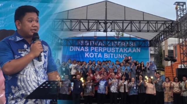 Wakil Wali Kota Bitung, Randito Maringka dalam kegiatan Festival Literasi 2025 yang di selenggarakan oleh Dinas Perpustakaan Kota Bitung. Kamis, 4/12/2025. (Foto.mirawan)