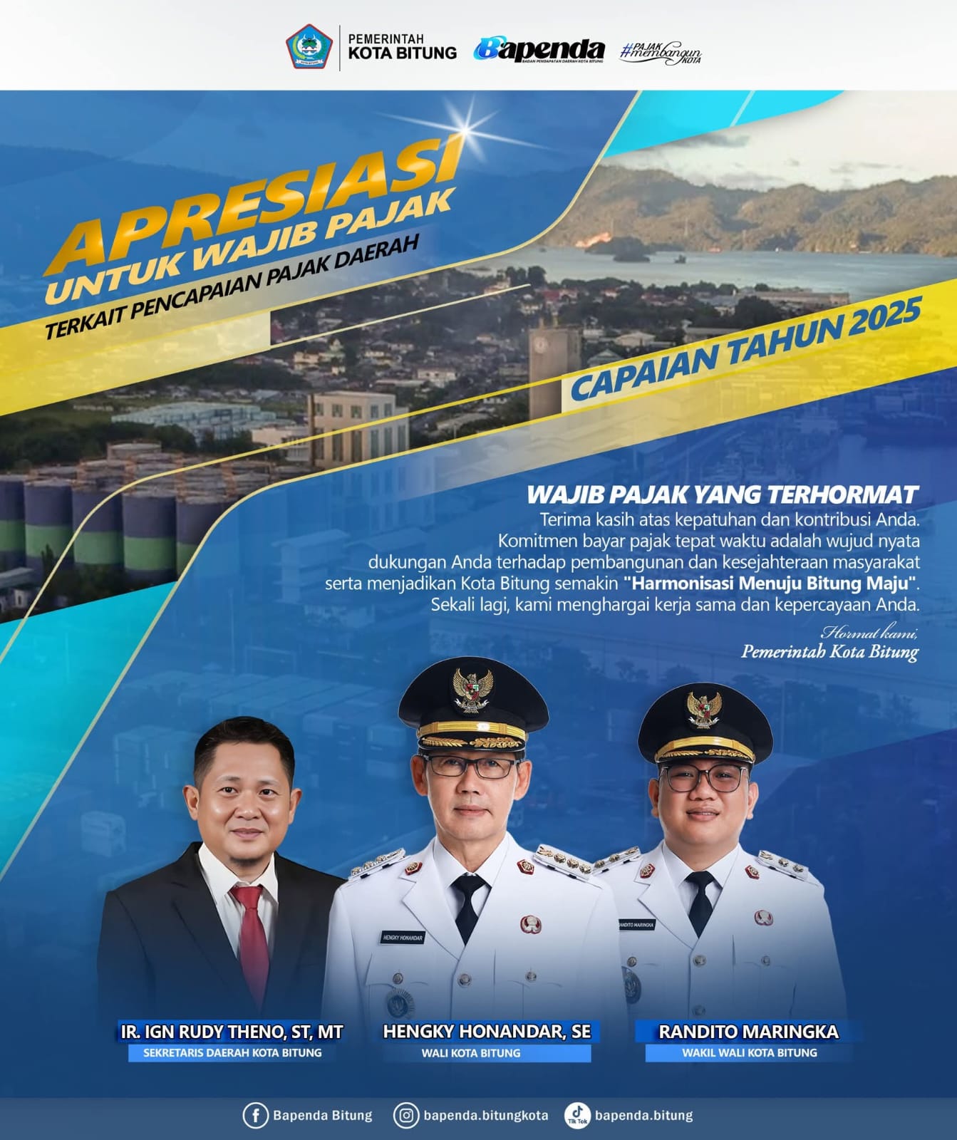 Wali Kota Bitung Hengky Honandar, SE, bersama Wakil Wali Kota Bitung Randito Maringka, S.Sos, di dampingi Sekretaris Daerah Ir Ignatius Rudy Theno ST MT,