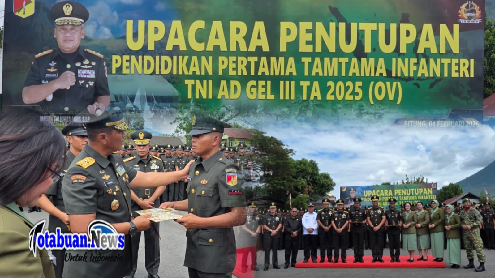 Penerimaan ijazah, pengalungan medali, serta penandatanganan sumpah prajurit yang diserahkan oleh Kasdam XIII/Merdeka, Brigjen TNI Yustinus Nono Yulianto, S.E., M.Si.,