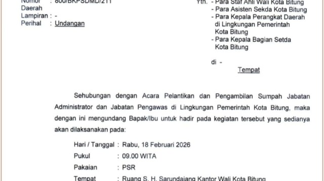 surat undangan resmi yang diterbitkan oleh Badan Kepegawaian dan Pengembangan Sumber Daya Manusia Daerah (BKPSDMD) Kota Bitung. Selasa, 17/2/2026.