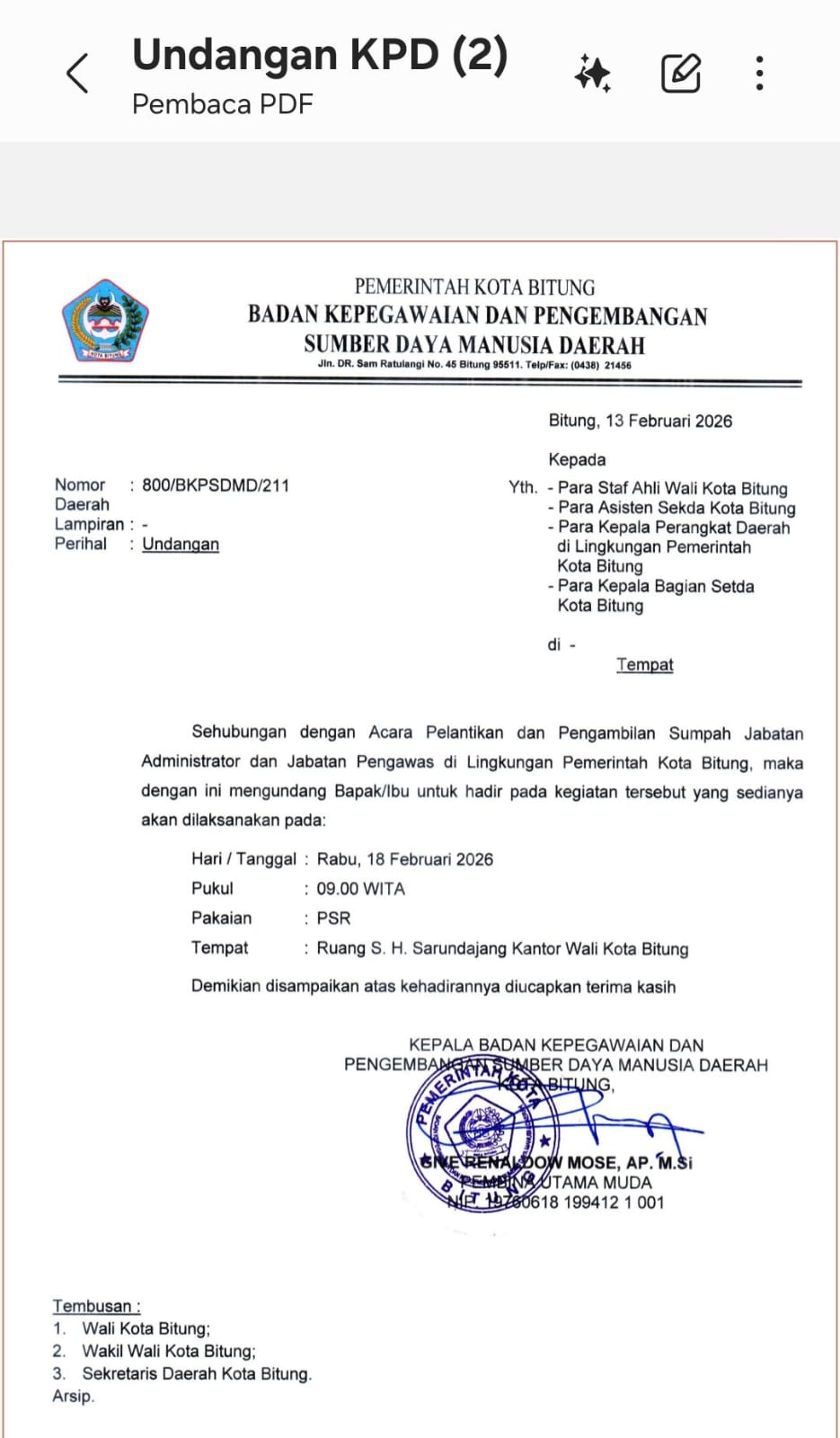 surat undangan resmi yang diterbitkan oleh Badan Kepegawaian dan Pengembangan Sumber Daya Manusia Daerah (BKPSDMD) Kota Bitung. Selasa, 17/2/2026.