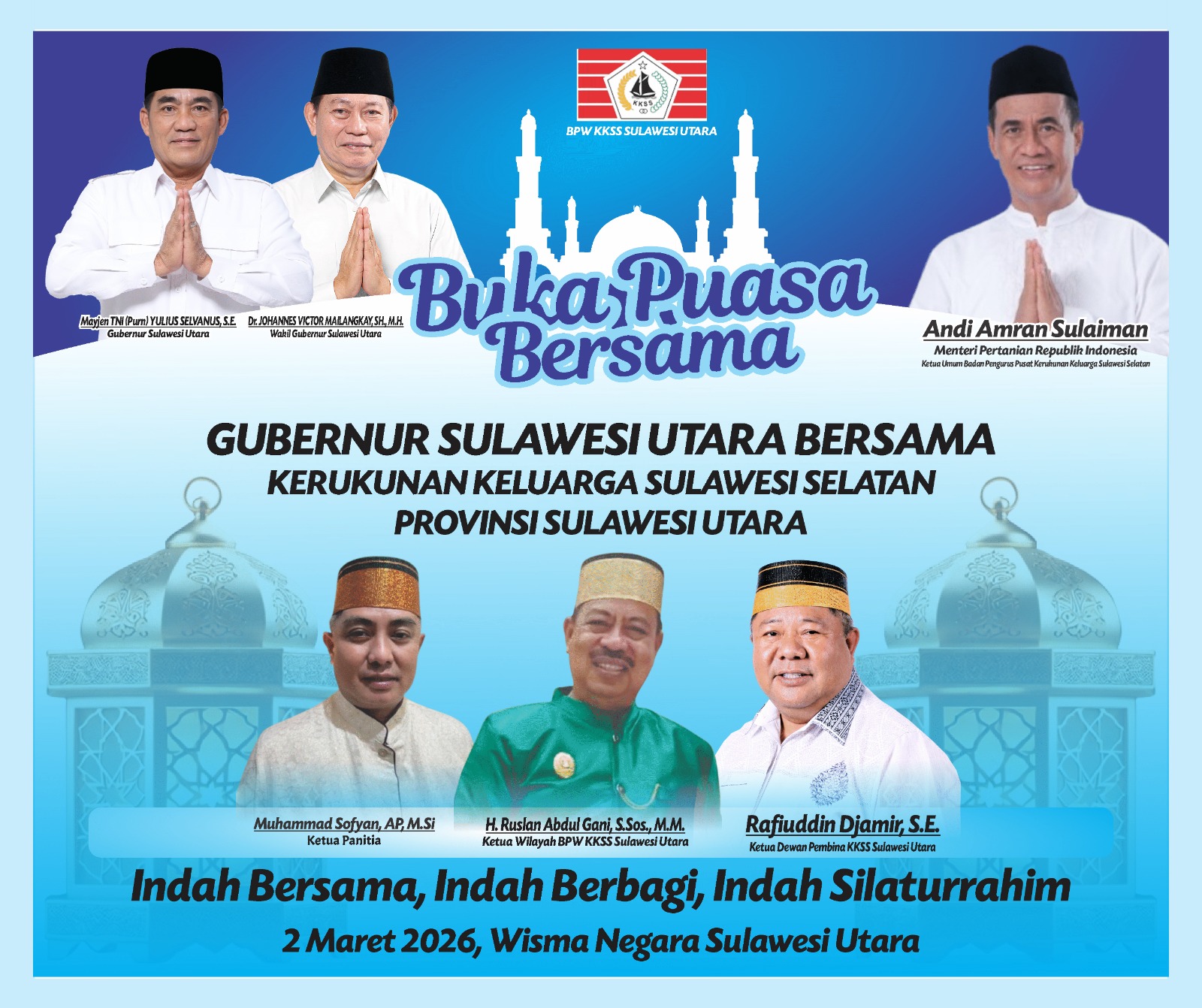 Kerukunan Keluarga Sulawesi Selatan (KKSS) Provinsi Sulawesi Utara mempererat kebersamaan melalui acara buka puasa bersama dan silaturahmi kebangsaan, yang digelar pada Senin, 2 Maret 2026, di Wisma Negara Sulawesi Utara.