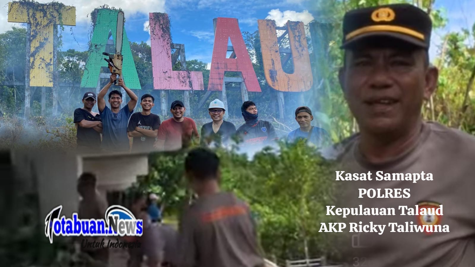 Dipimpin Kasat Samapta Polres Kepulauan Talaud, AKP Ricky Taliwuna, para personel datang membawa peralatan lengkap untuk memangkas rumput liar dan menebas pepohonan yang menutupi lapangan. Jumat, 27/2/2026.