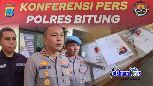 Konferensi Pers Kapolres Bitung, AKBP Albert Zai di dampingi Kapolsek Maesa, AKP Ferry Padama, Kasi Propam, Iwan Setiyabudi, Kasi Humas, AKP Abdul Natip Anggai