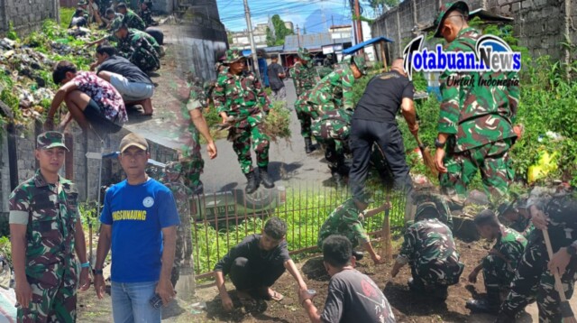 Mayor Inf Aditya Yoga Pramana, Lurah Bitung Timur Safrudin Takahindangen S.Sos bersama anggota TNI dan Pemuda Eks Tawuran Ikut Kerja Bakti di Pasar Kanopi