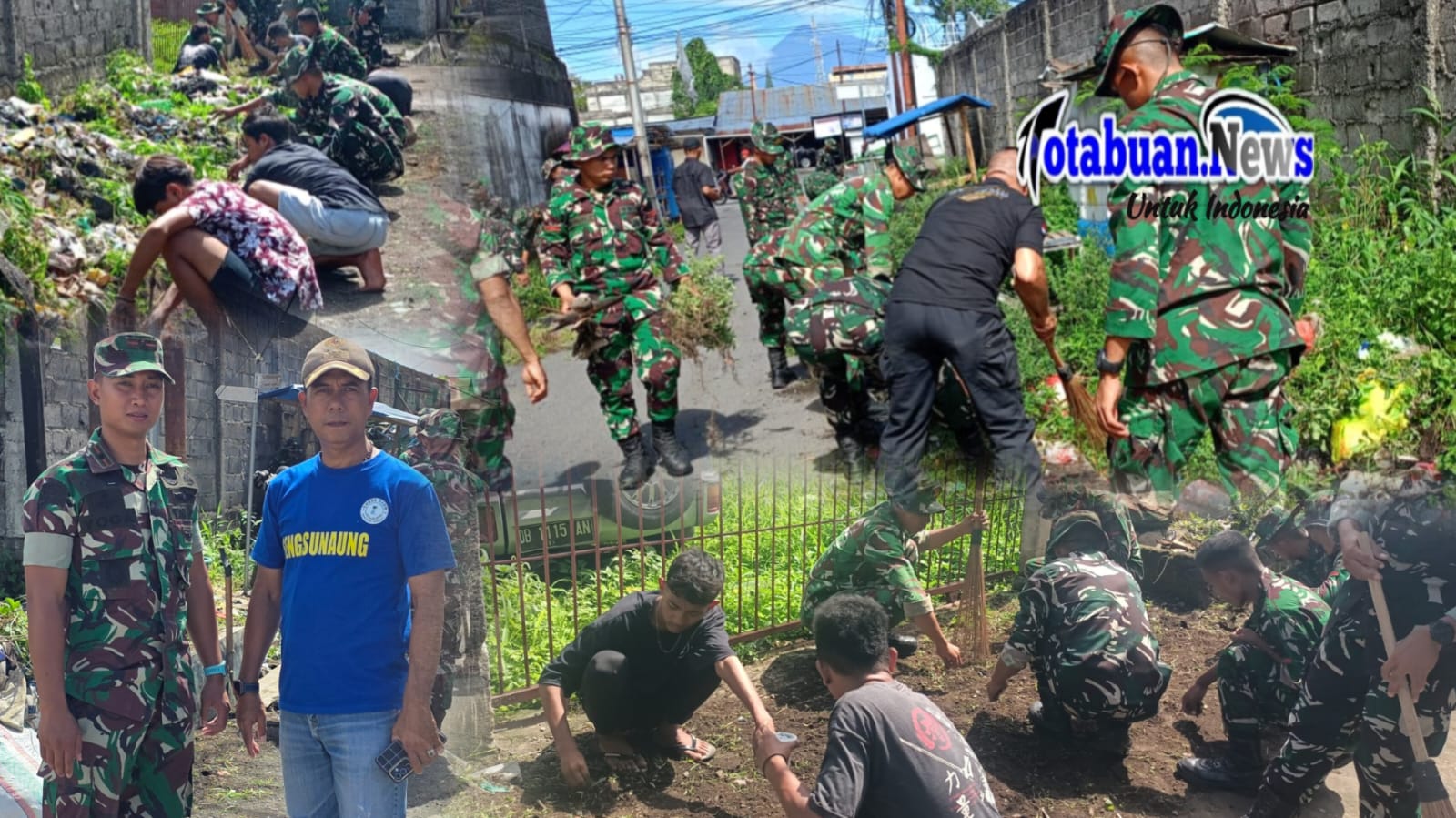 Mayor Inf Aditya Yoga Pramana, Lurah Bitung Timur Safrudin Takahindangen S.Sos bersama anggota TNI dan Pemuda Eks Tawuran Ikut Kerja Bakti di Pasar Kanopi