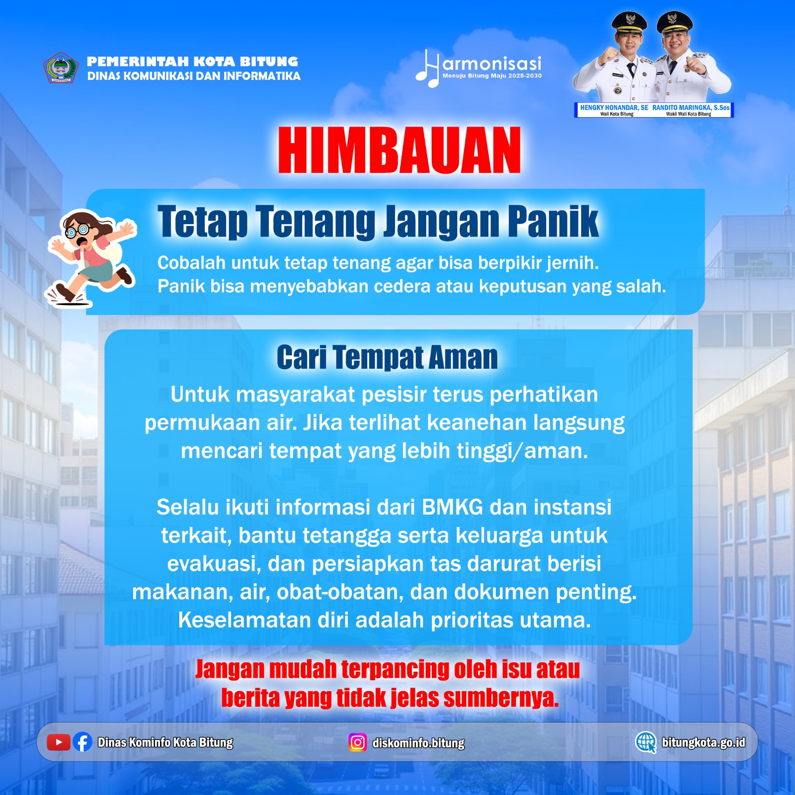 Wali Kota Bitung, Hengky Honandar SE, bersama Wakil Wali Kota Bitung, Randito Maringka S.Sos, mengeluarkan himbauan kepada seluruh masyarakat, khususnya yang berada di wilayah pesisir, untuk tetap tenang dan meningkatkan kewaspadaan terhadap potensi bencana. Kamis, 2/4/2026. (Flayer Kominfo Kota Bitung)