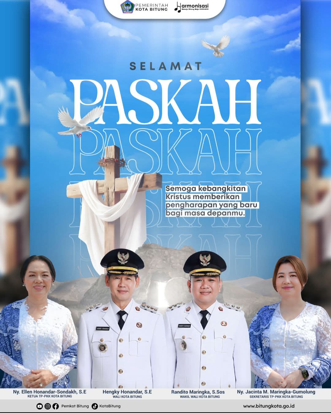 Ucapan Selamat Hari Paskah, Wali Kota Bitung Hengky Honandar SE bersama Istri tercinta Ny Ellen Honandar Sondakh dan Wakil Wali Kota Bitung Randito Maringka S.Sos bersama Istri tercinta Ny Jacinta Marybell Maringka Gumolung. (Flayer Kominfo)