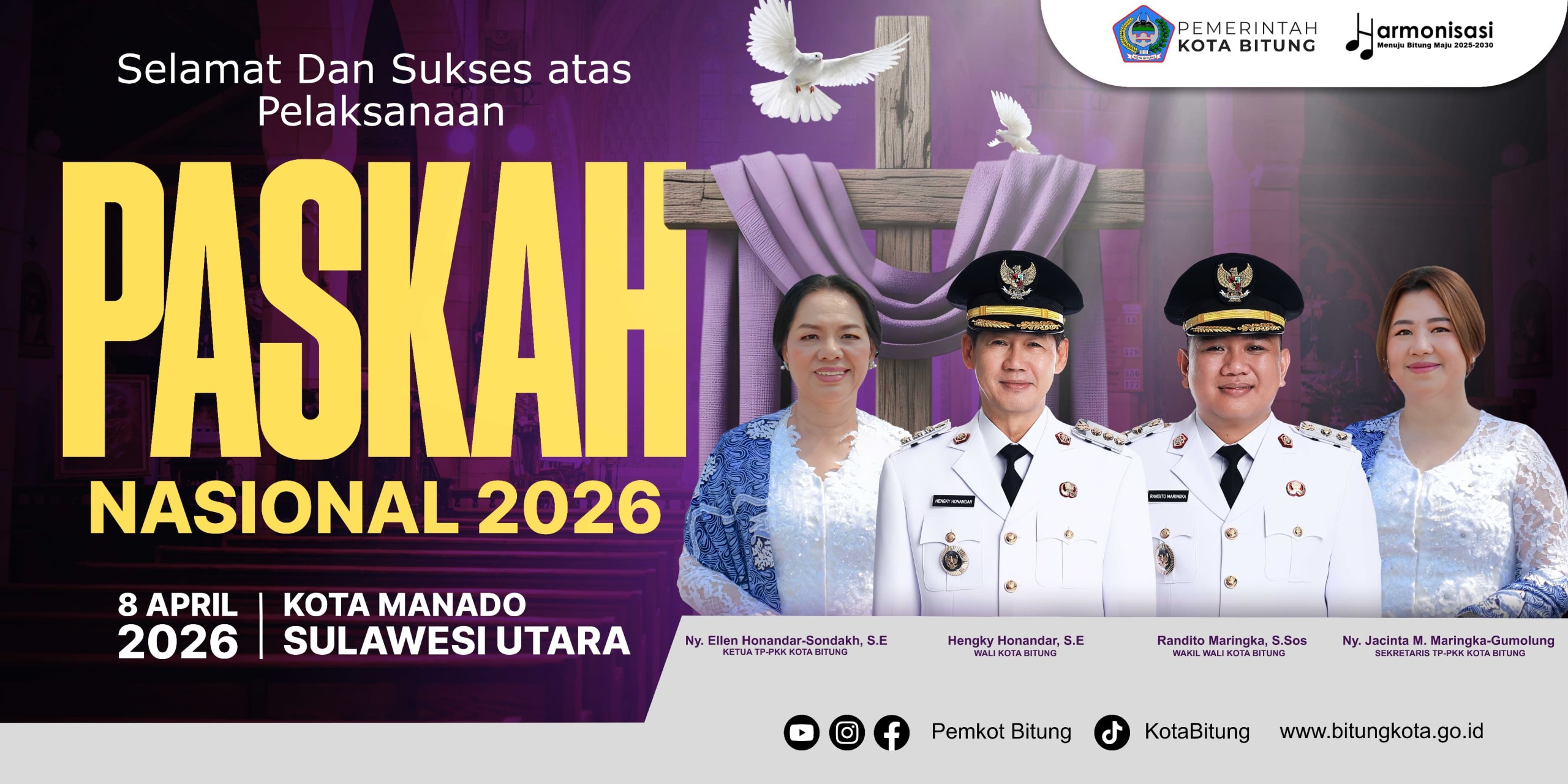 Ucapan Pemerintah Kota Bitung, atas Pelaksanaan PASKAH Nasional 2026 yang diselenggarakan di Kota Manado Rabu, 8 April 2026. (Flayer.Kominfo)