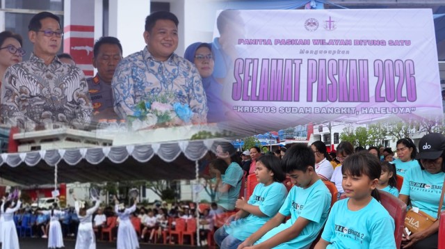 Wali Kota Bitung, Hengky Honandar S.E, bersama Wakil Wali Kota Randito Maringka S.Sos (HH-RM) menghadiri Ibadah Perayaan Paskah GMIM Wilayah Bitung 1 yang dilaksanakan di Lapangan Kantor Wali Kota Bitung, Jumat (10/4) siang.